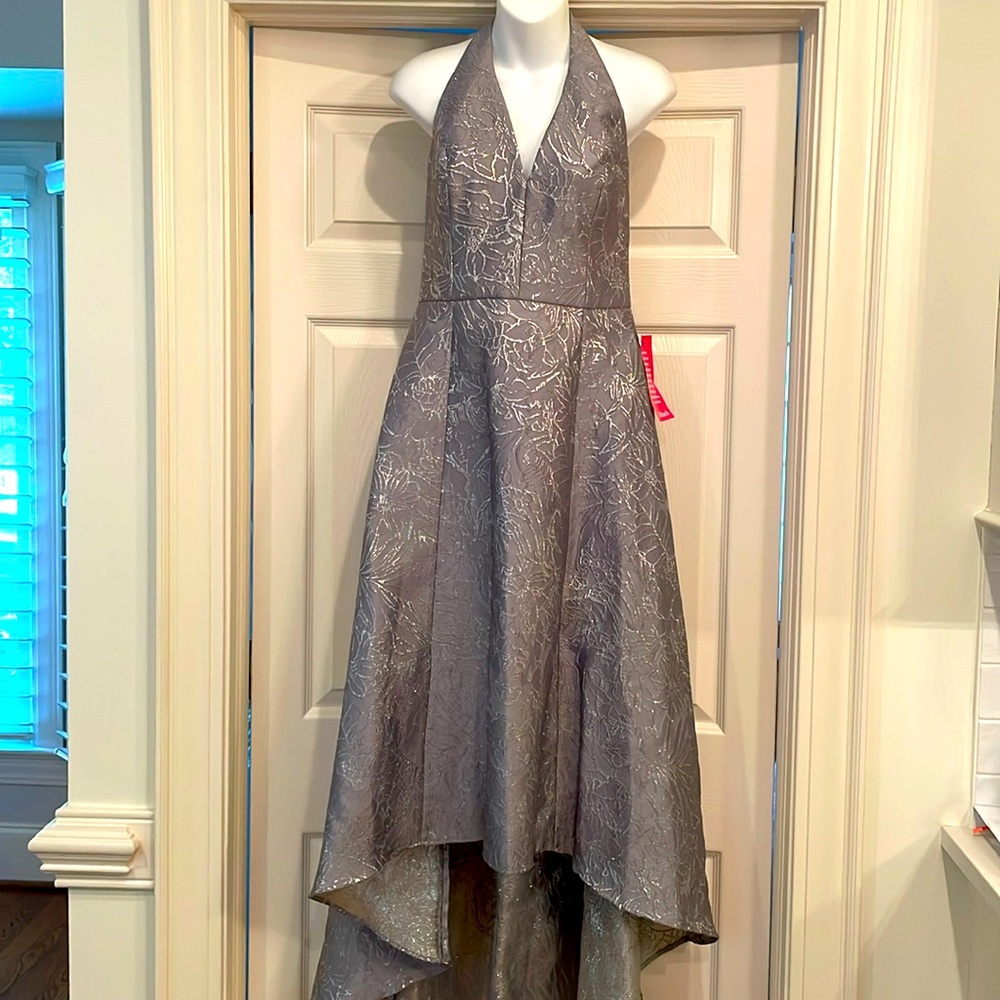 Halston Heritage NEW silver grey jacquard hi lo halter dress sz 8